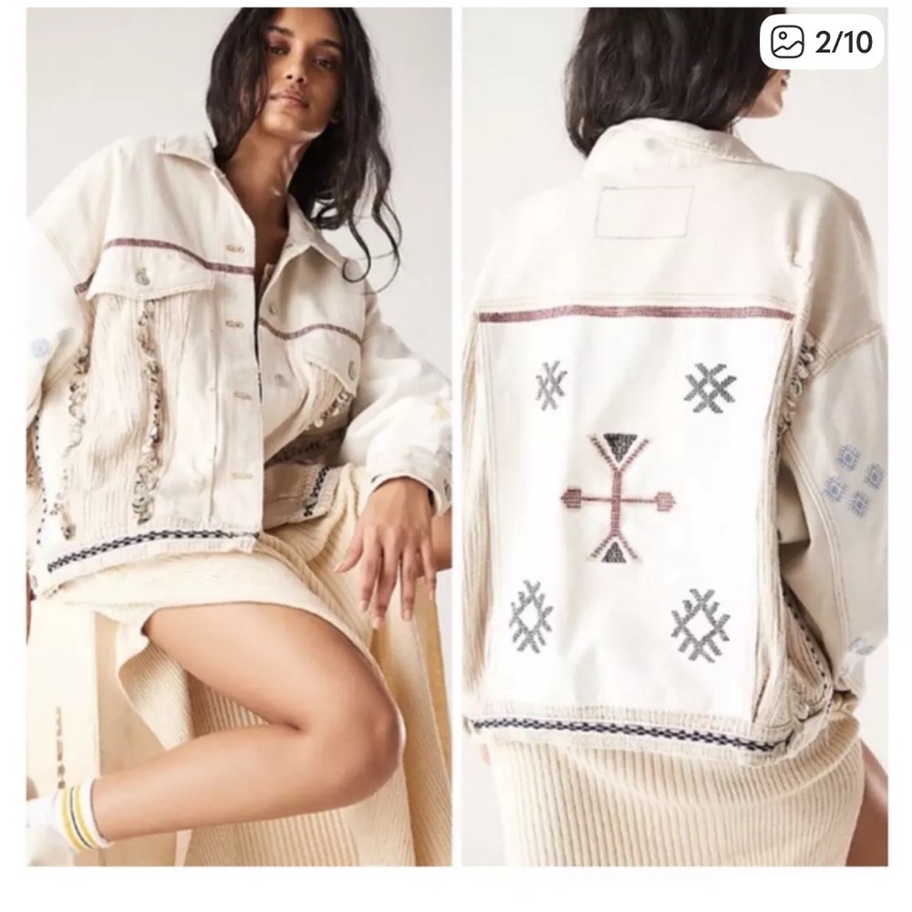 Free People Cream Embroidered Jacket
